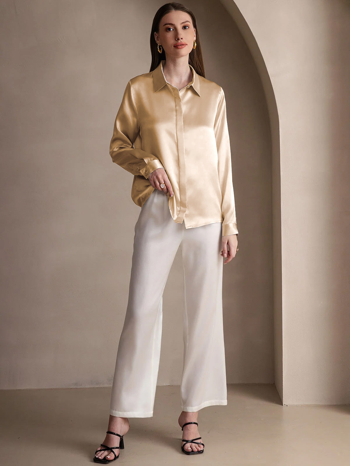 [Champagne] SilkSilky-NO 19Momme Silke Lapel Collar Skjorte for Kvinner 003