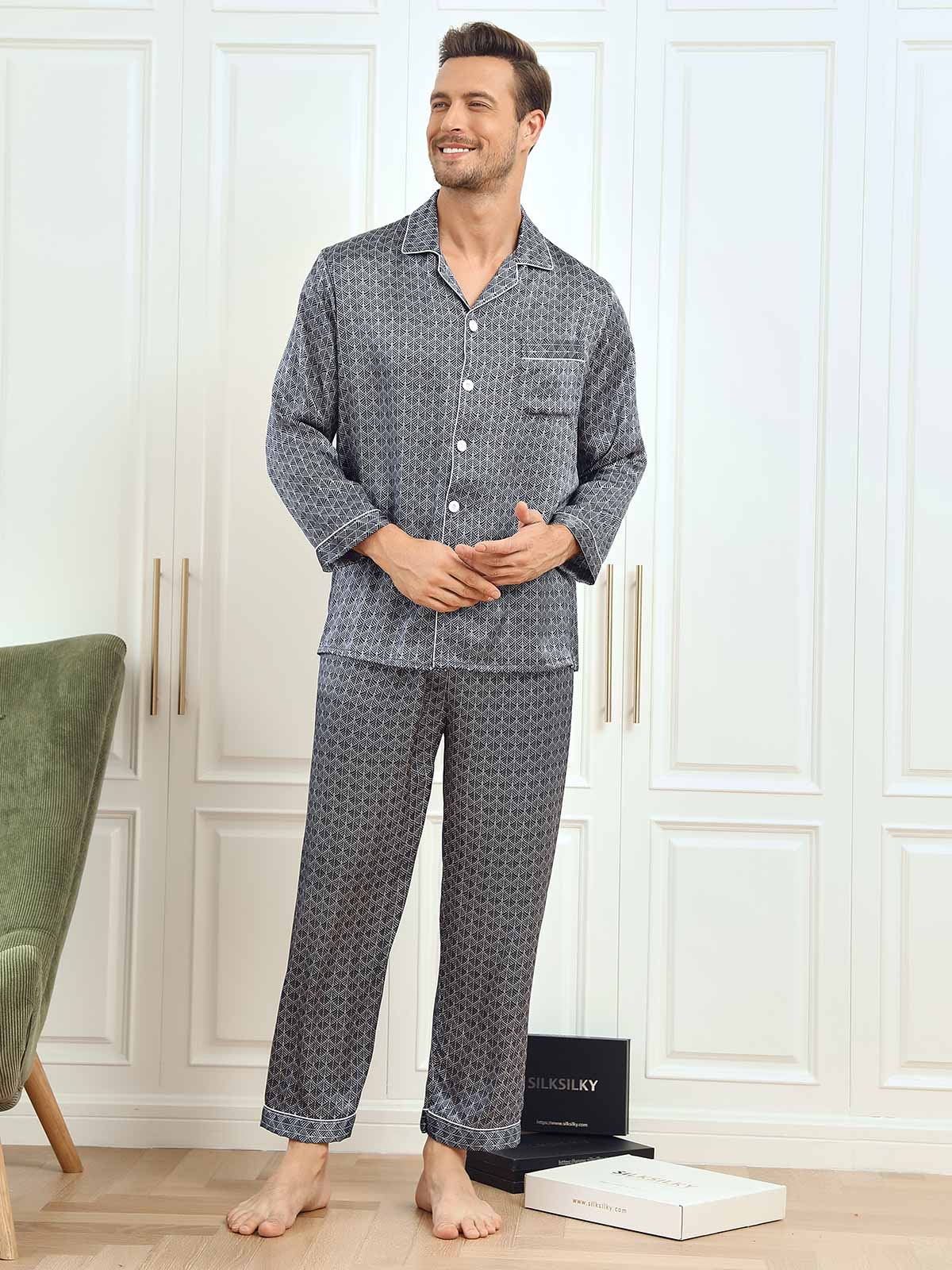 [Marine Ginkgo] SilkSilky-NO 19Momme Mens Pajamas 003