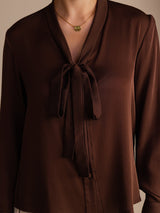 [Mørk Sjokolade] SilkSilky-NO Long Sleeve Tie Neck Damebluser 004