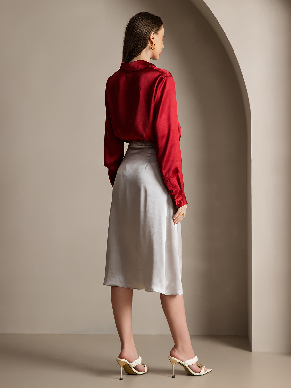 [Vin] SilkSilky-NO 19Momme Silke Lapel Collar Skjorte for Kvinner 005