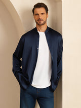 [Mørke blå] SilkSilky-NO Long Sleeve Stand Collar Skjorte for Menn 003