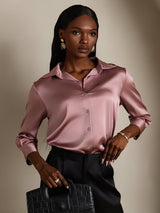 [Blek Mauve] SilkSilky-NO 3/4 Sleeve Lapel Collar Skjorte for Kvinner 003