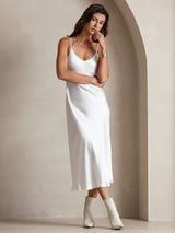 [Hvit] SilkSilky-NO Spaghetti Strap V Neck Kjole 004