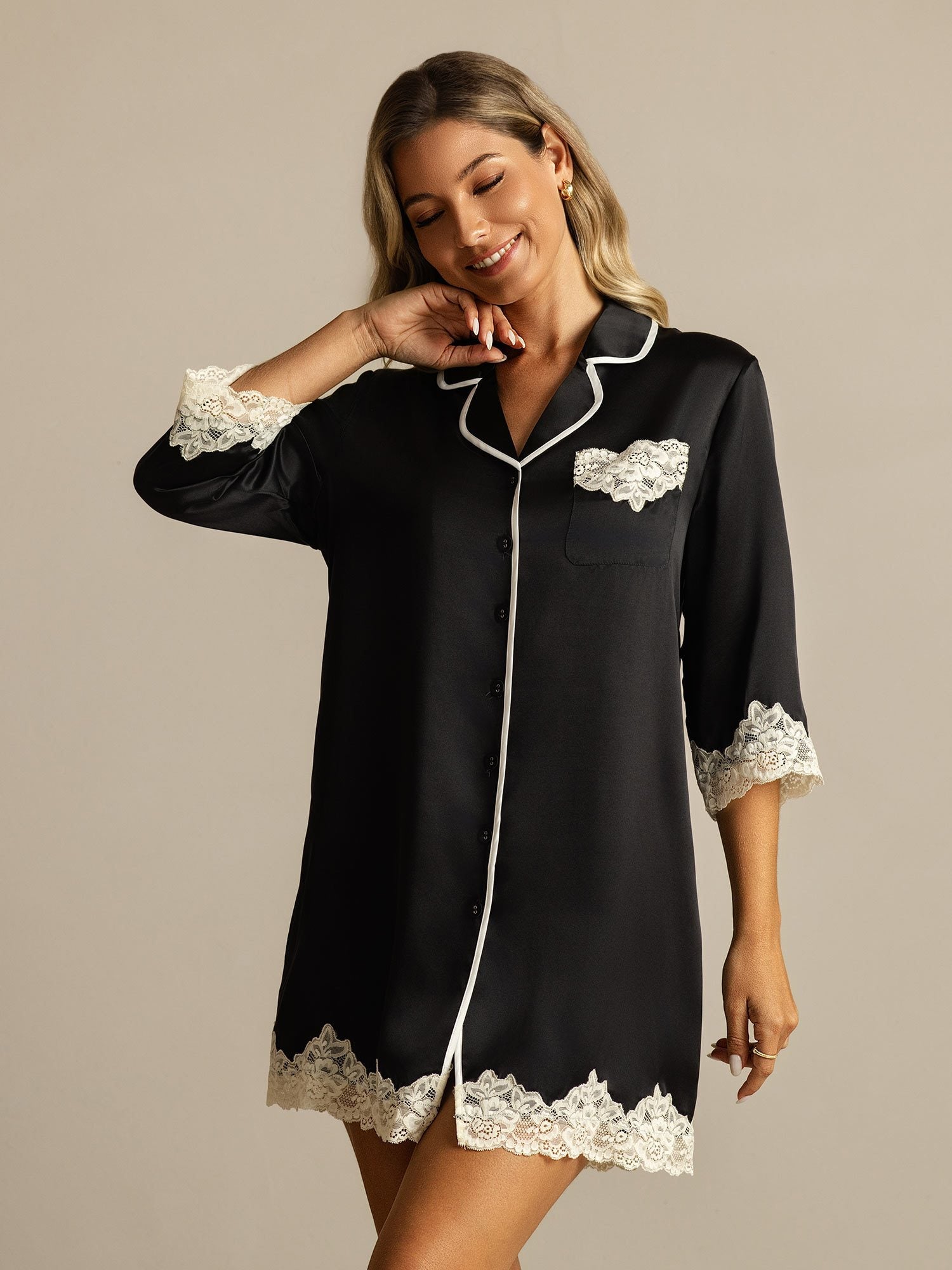 [Svart] SilkSilky-NO Silke Nightshirt 001