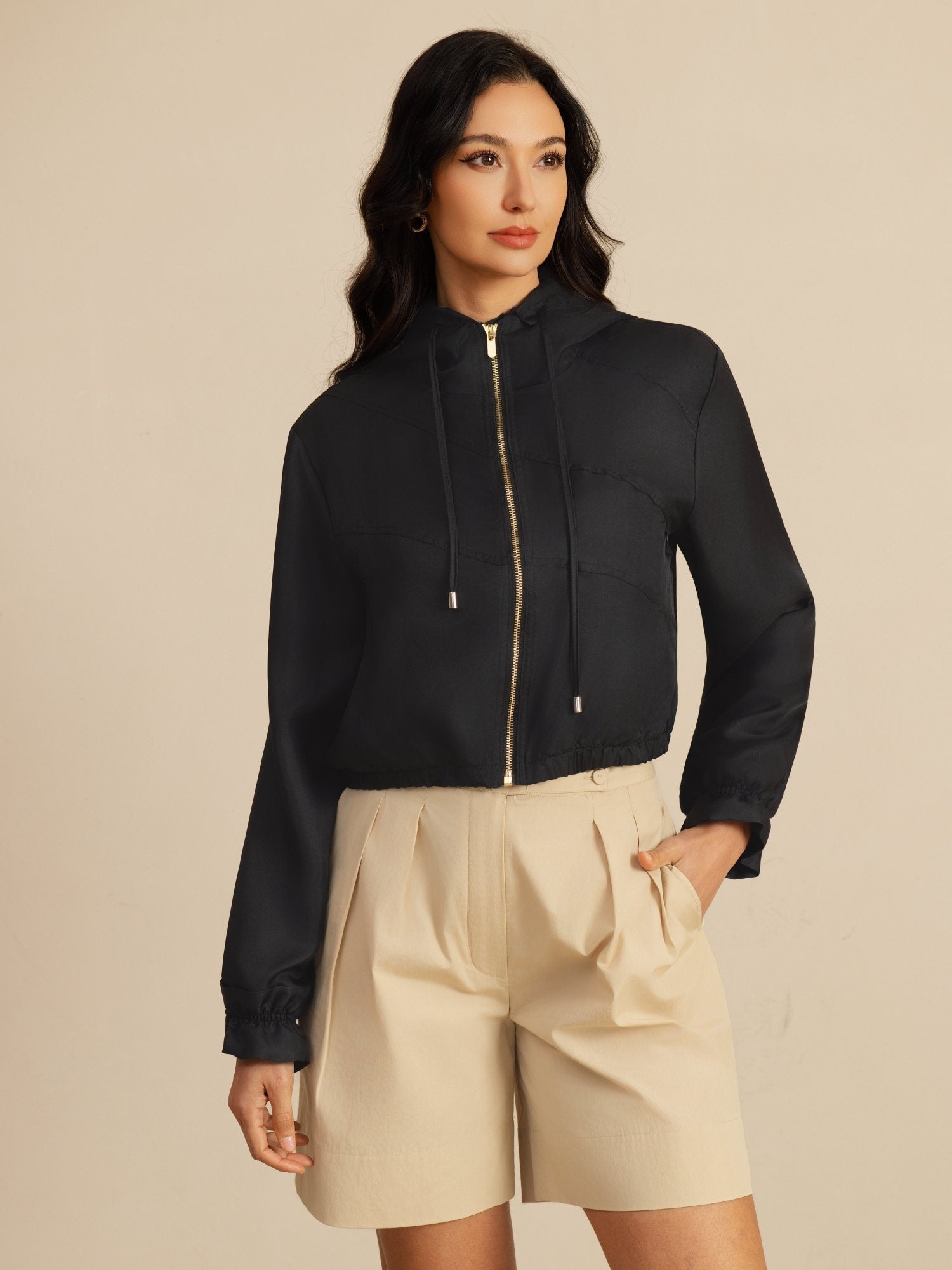 [Svart] SilkSilky-NO 18Momme Langermet Høy Hals Yttertøy for Kvinner 005