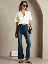 [Elfenbein] SilkSilky-NO Short Sleeve Lapel Collar Skjorte for Kvinner 007