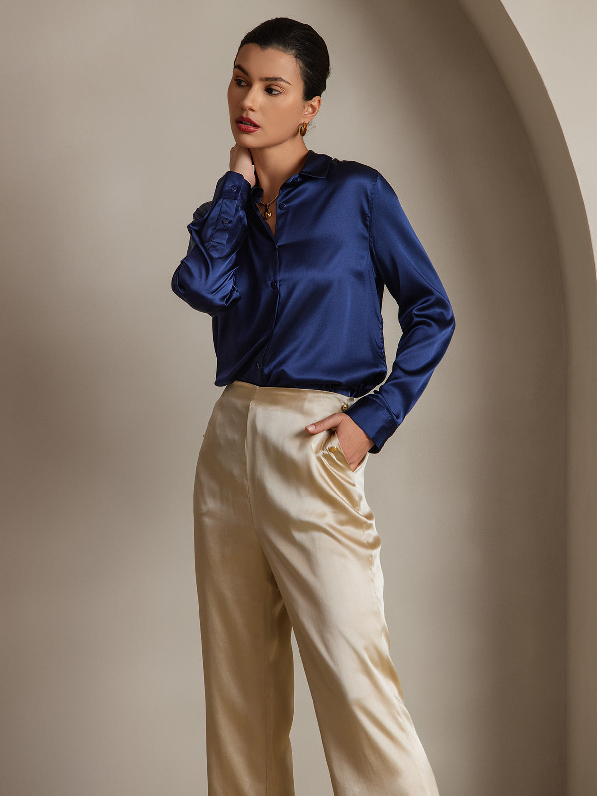 [Mørke blå] SilkSilky-NO Silke Womens Shirt 008