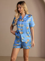 [Blå Fisk] SilkSilky-NO Short Sleeve Lapel Collar Pyjamas for Kvinner 004