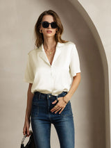 [Elfenbein] SilkSilky-NO Short Sleeve Lapel Collar Skjorte for Kvinner 005