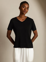 [Svart] SilkSilky-NO Short Sleeve V Neck T-skjorte for Kvinner 001