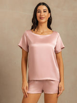 [Ferskenhud] SilkSilky-NO 19Momme Kort erm Rund Hals Pyjamas for Kvinner 003