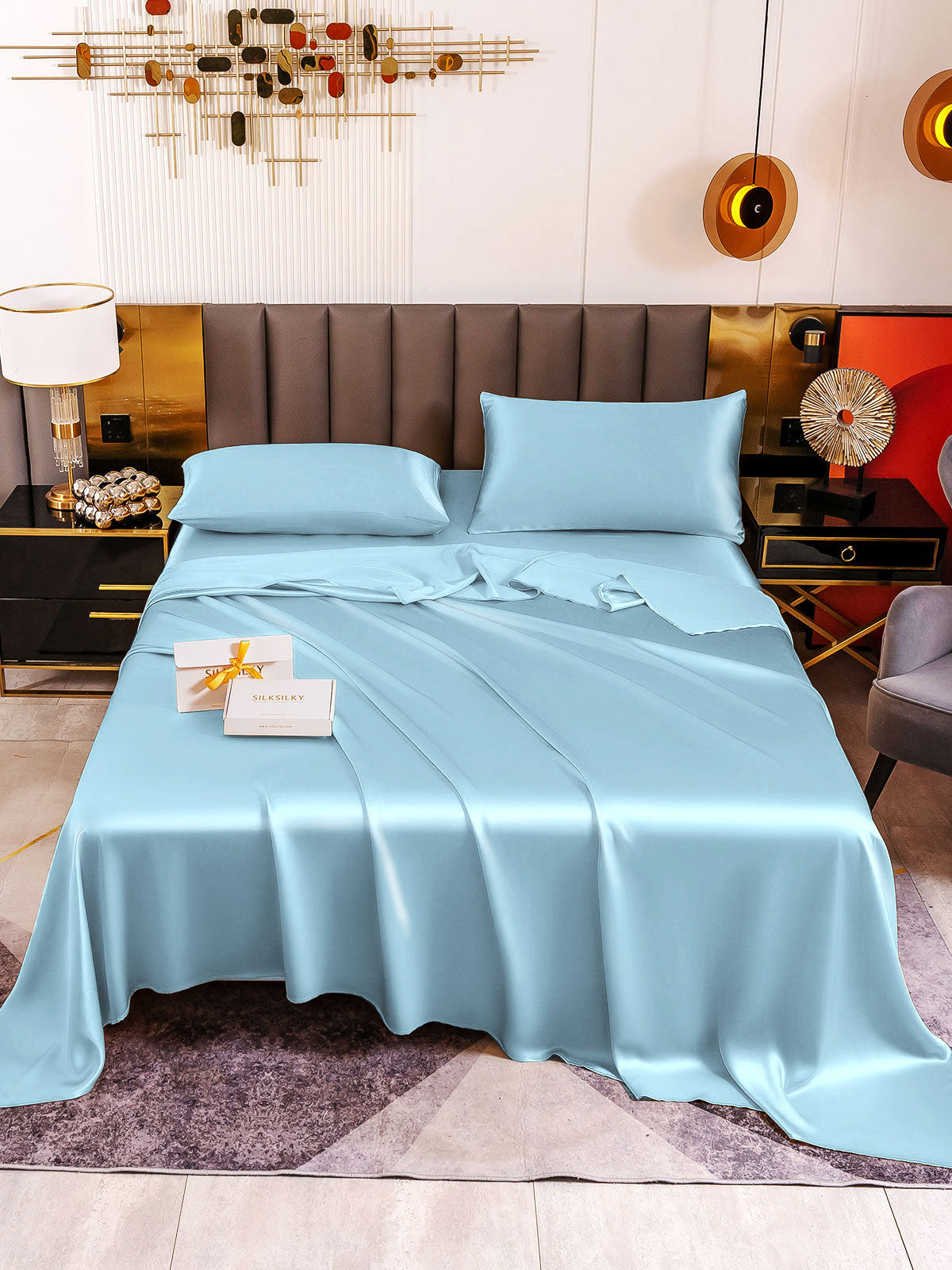 [Lyse Blå] SilkSilky-NO 19Momme Pure Silk Bedding Set 002