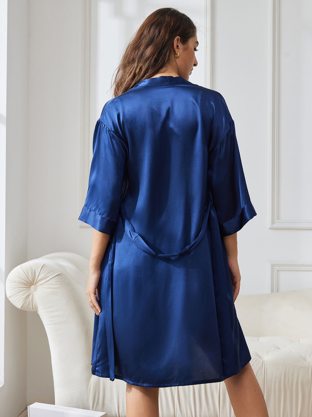 [Mørke blå] SilkSilky-NO Nightgown&Robe Set 002