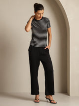 [Svart Stripe] SilkSilky-NO Short Sleeve Crew Neck T-skjorte for Kvinner 007
