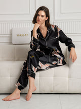 [Svart] SilkSilky-NO Long Sleeve Lapel Collar Pyjamas for Kvinner 001