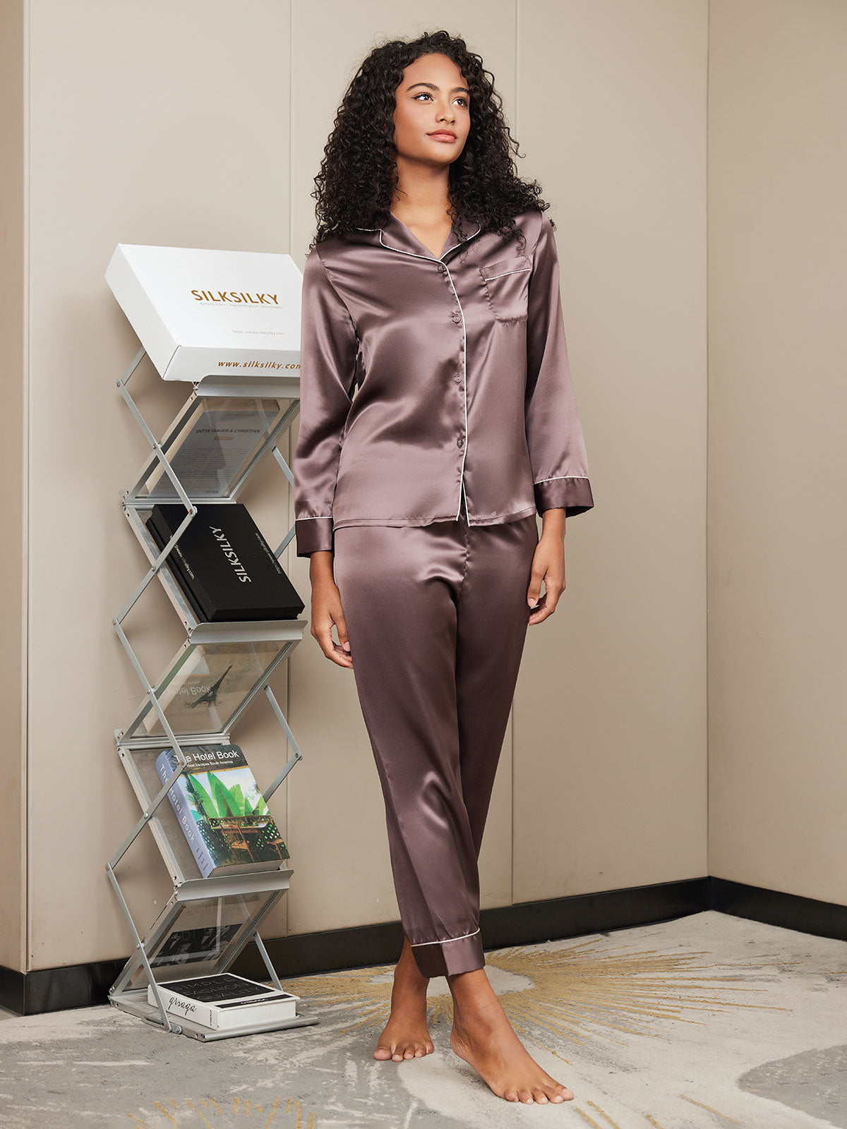 [Kaffe] SilkSilky-NO Pure Silk Long Sleeve Lapel Pyjamas for Kvinner 005