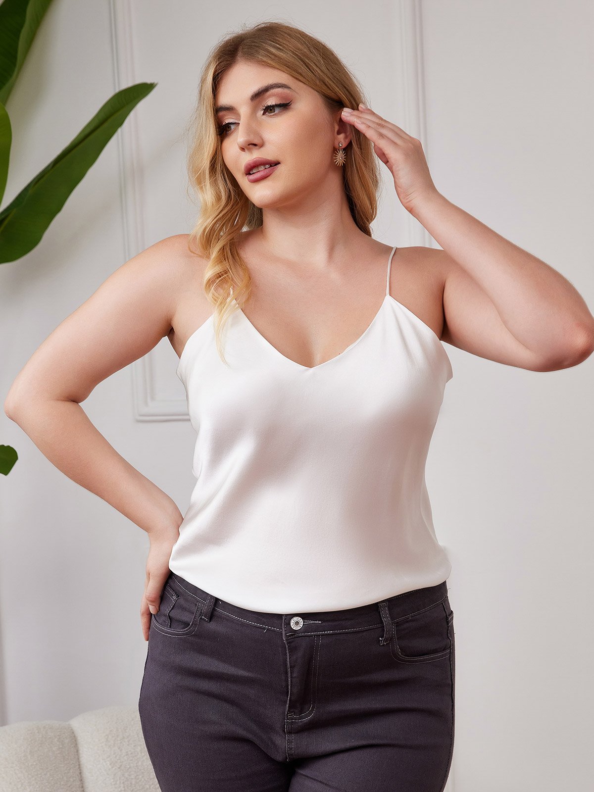 [Hvit] SilkSilky-NO Pure Silk V-Hals Plus Size Camisole Top 003