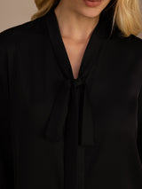 [Svart] SilkSilky-NO Long Sleeve Tie Neck Damebluser 004