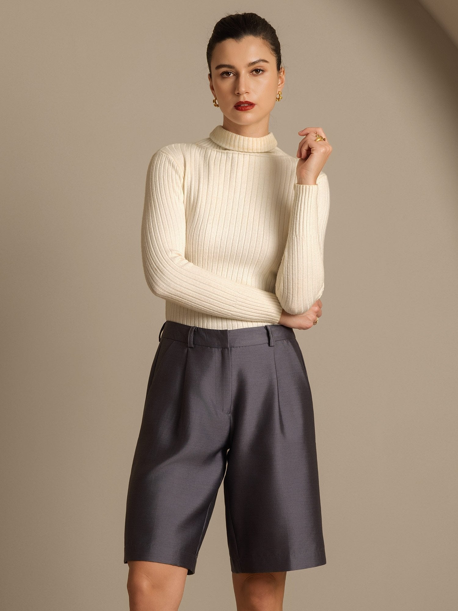 [Grå] SilkSilky-NO 32Momme Silk-Wool Blend Womens Shorts 008,