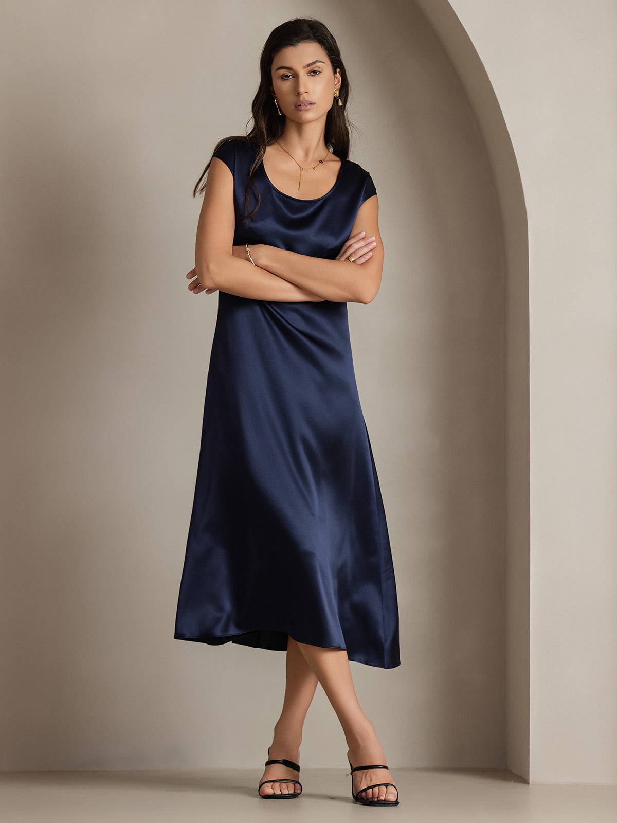 [Mørke blå] SilkSilky-NO 19Momme Silke Dress 002