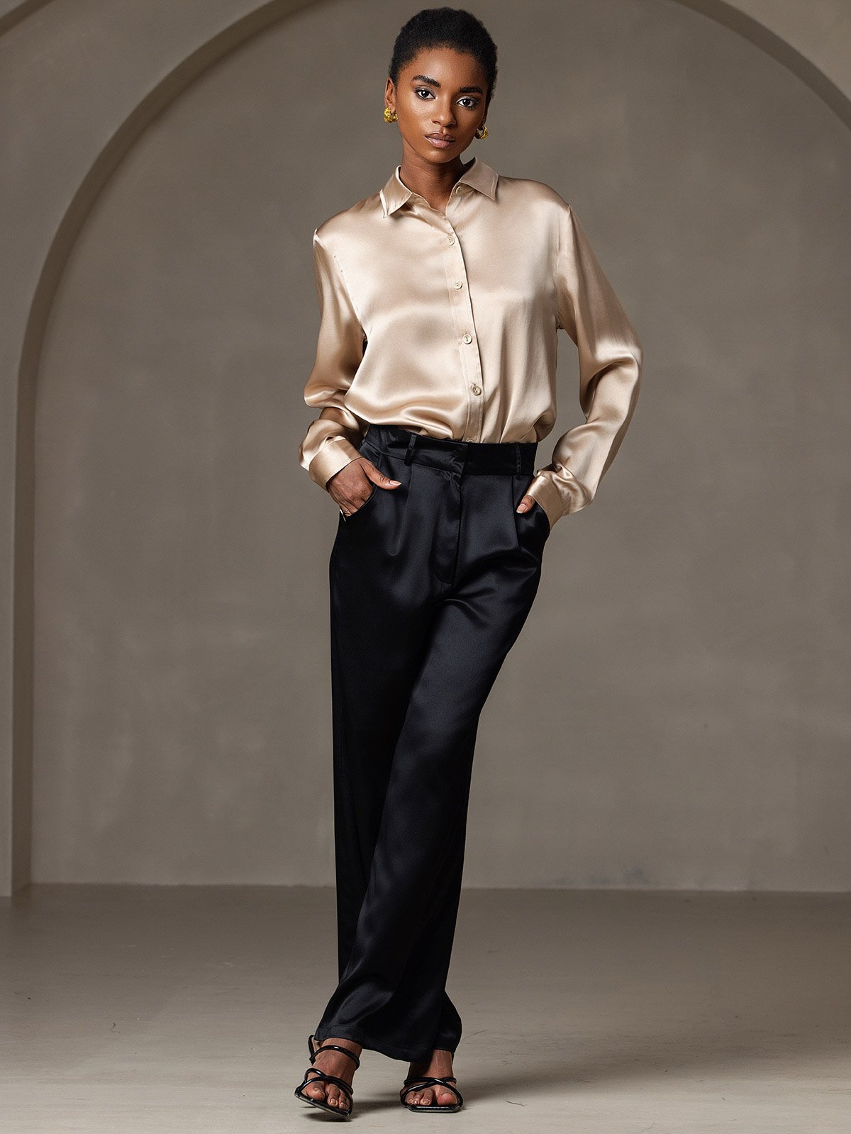 SilkSilky-NO 19Momme Silke Womens Shirt Champagne 009