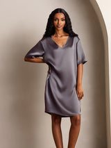 [Lilla Grå] SilkSilky-NO Half Sleeve V Neck Nattkjole 005