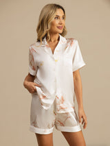 [Hvit] SilkSilky-NO Short Sleeve Lapel Collar Pyjamas for Kvinner 003
