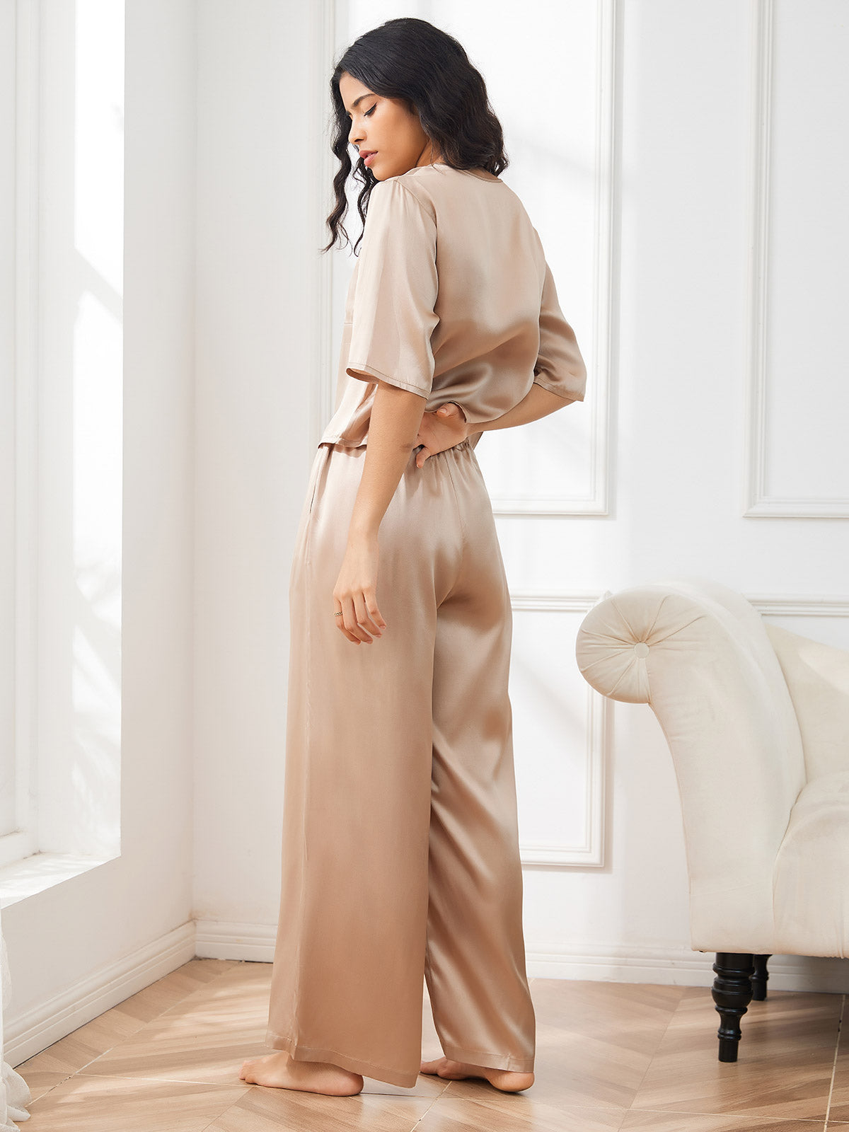 [Champagne] SilkSilky-NO Halv erme Round Neck Pyjamas for Kvinner 002