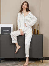 [Hvit] SilkSilky-NO Long Sleeve Lapel Collar Pyjamas for Kvinner 001