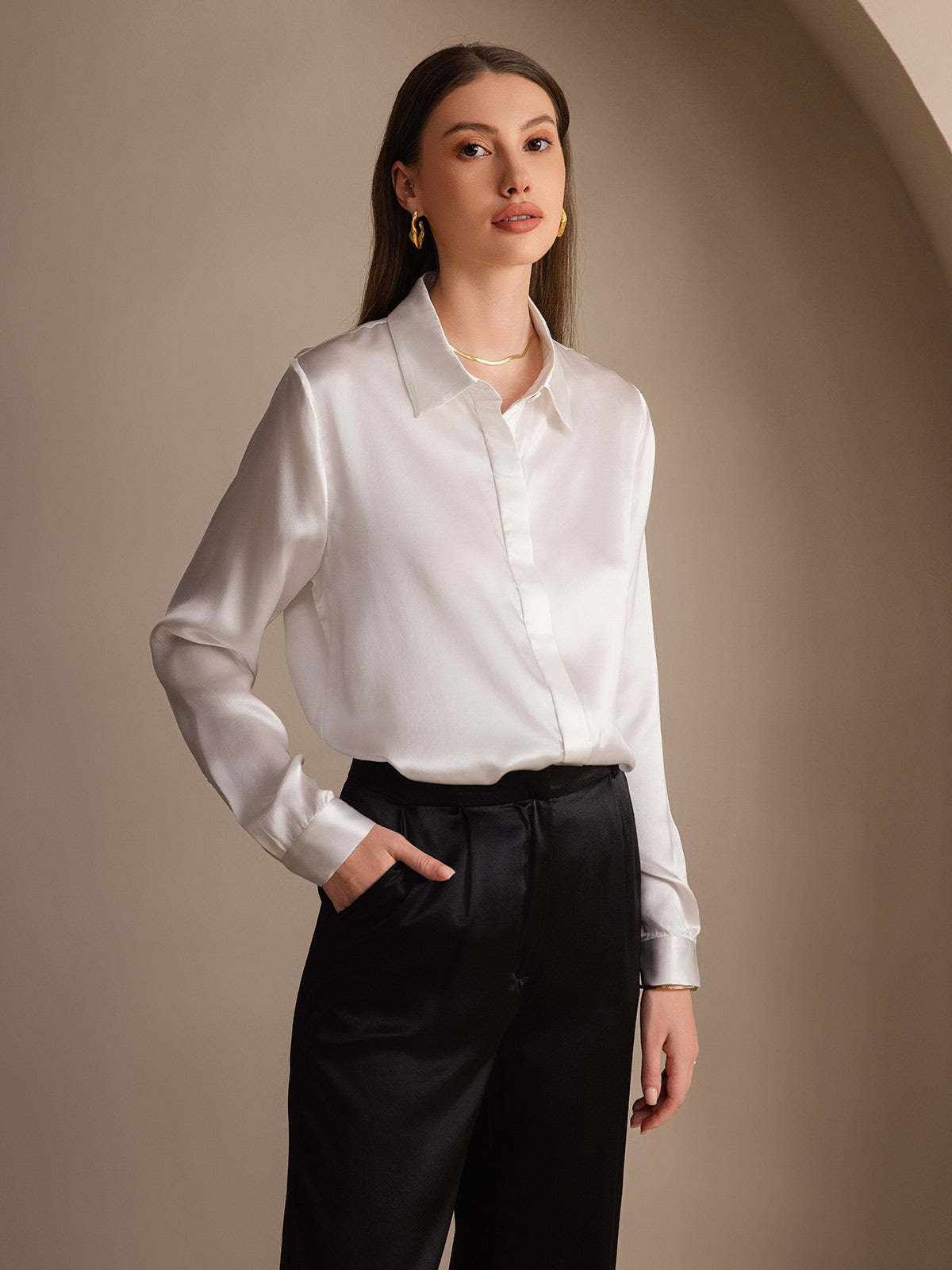 [Hvit] SilkSilky-NO 19Momme Silke Lapel Collar Skjorte for Kvinner 003