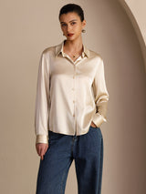 [Risbeige] SilkSilky-NO Long Sleeve Lapel Collar Skjorte for Kvinner 001