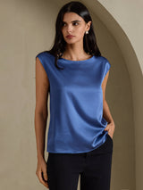 [Ekte Petrol] SilkSilky-NO Cap Sleeve Round Neck T-skjorte for Kvinner 003