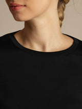 [Svart] SilkSilky-NO Langermet Tett Crew Neck T-skjorte for Kvinner 006