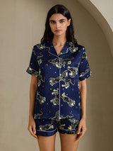 [Marineblå Løve] SilkSilky-NO Short Sleeve Notch Collar Pyjamas for Kvinner 001