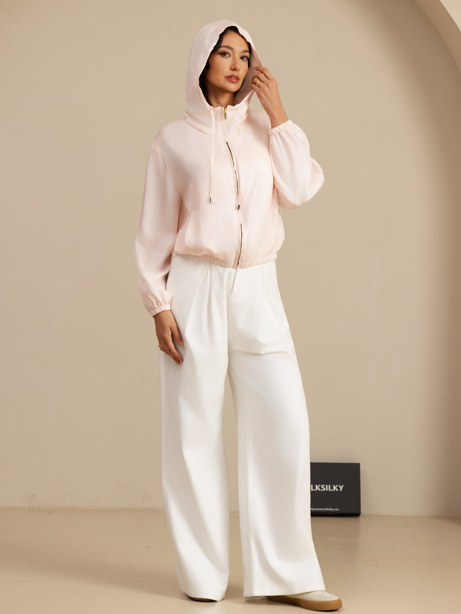 [Rosa] SilkSilky-NO 18Momme Langermet Ståkrave Yttertøy for Kvinner 007