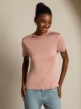 [Rosa] SilkSilky-NO 100% Silk Jersey Short Sleeve Falsk Krage T-skjorte for Kvinner 003