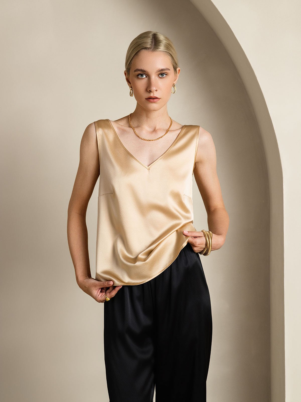 [Champagne] SilkSilky-NO 19Momme Silke V-Hals Camisole Topp 004