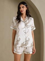 [Hvit Gepard] SilkSilky-NO Short Sleeve Notch Collar Pyjamas for Kvinner 004