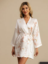 [Hvit] SilkSilky-NO 19Momme 3/4 erme Morgenkåpe for Kvinner 003