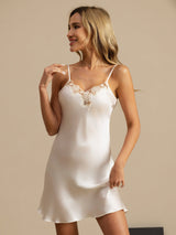 [Hvit] SilkSilky-NO Spaghetti Strap V Neck Nattkjole 003