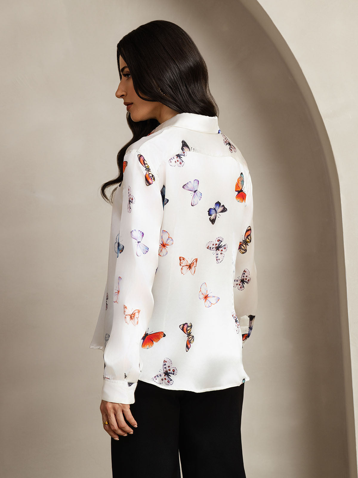 [Hvit Sommerfugl] SilkSilky-NO Long Sleeve Lapel Collar Skjorte for Kvinner 002