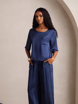 [Mørke blå] SilkSilky-NO Halv erme Round Neck Pyjamas for Kvinner 003
