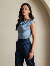 [Gråblå] SilkSilky-NO Cap Sleeve Cowl Neck T-skjorte for Kvinner 004