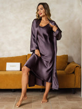 [Lilla Grå] SilkSilky-NO Long Sleeve V Neck Nattkjole og Morgenkåpesett 009