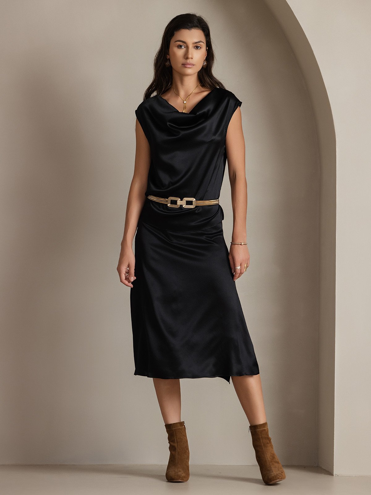 [Svart] SilkSilky-NO 19Momme Silke Cowl Neck T-skjorte for Kvinner 001