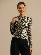 [Leopard] SilkSilky-NO Langermet Falsk Krage T-skjorte for Kvinner 003
