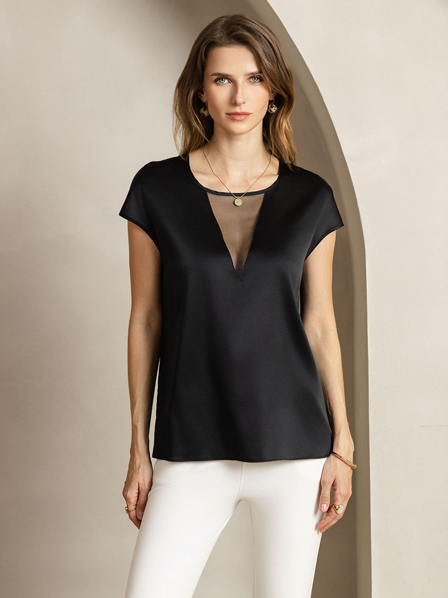[Svart] SilkSilky-NO 19Momme Silke Halter Neck T-skjorte for Kvinner 001