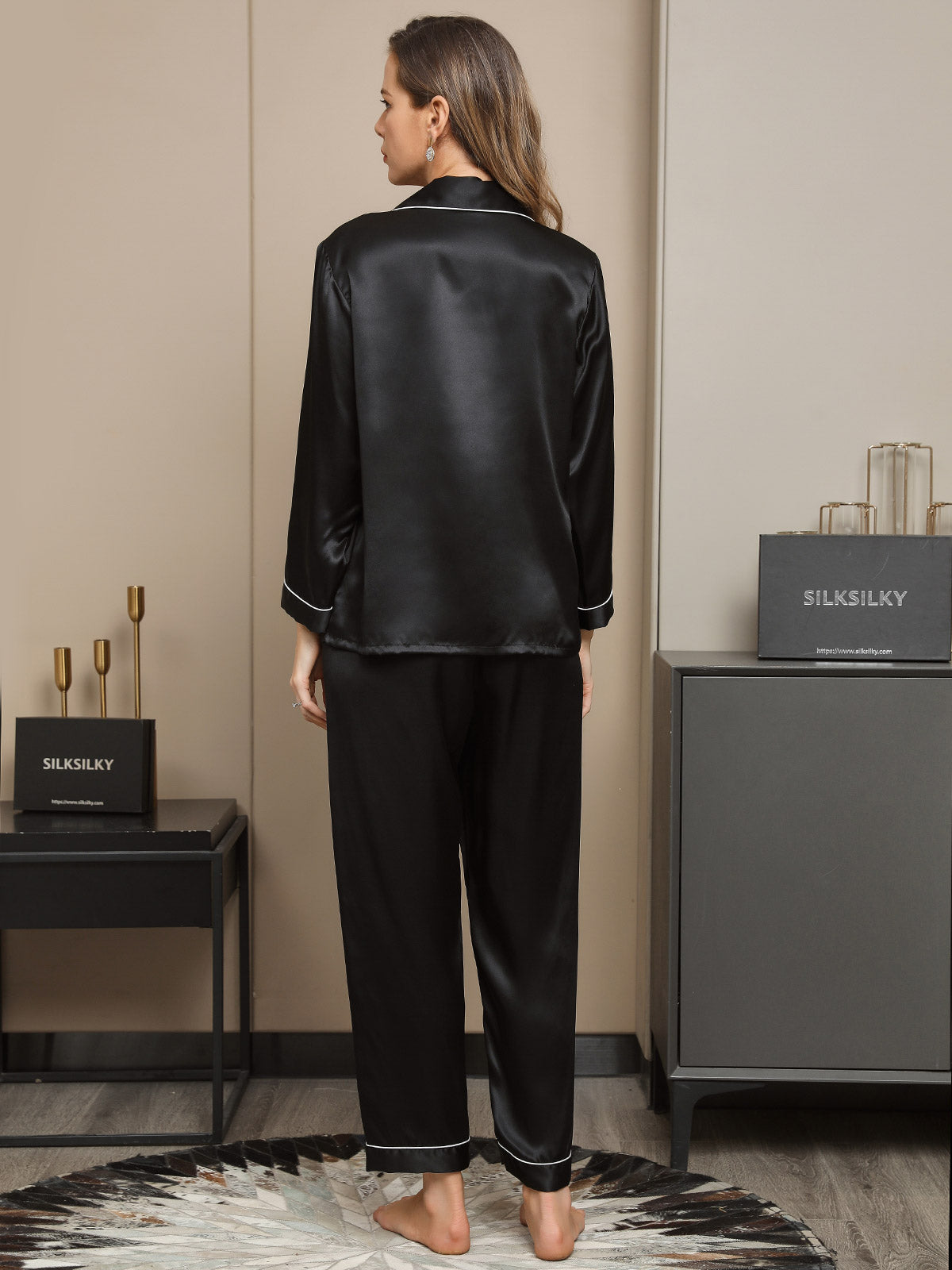 [Svart] SilkSilky-NO Pure Silk Long Sleeve Lapel Pyjamas for Kvinner 002