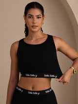 [Svart] SilkSilky-NO Sleeveless Crew Neck Camisole Topp 003