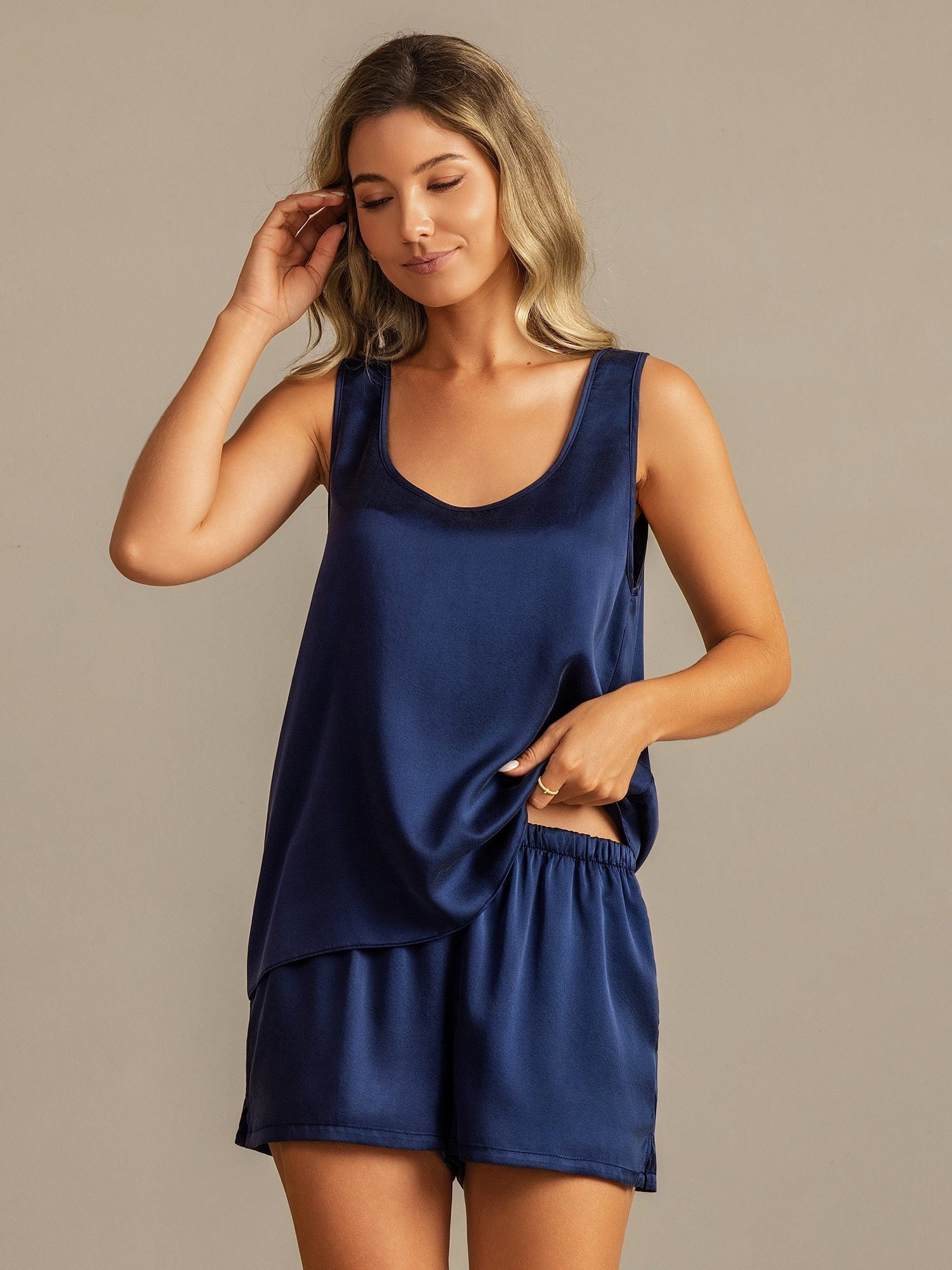 [Mørkeblå] SilkSilky-NO 19Momme Silke Womens Pajamas 007